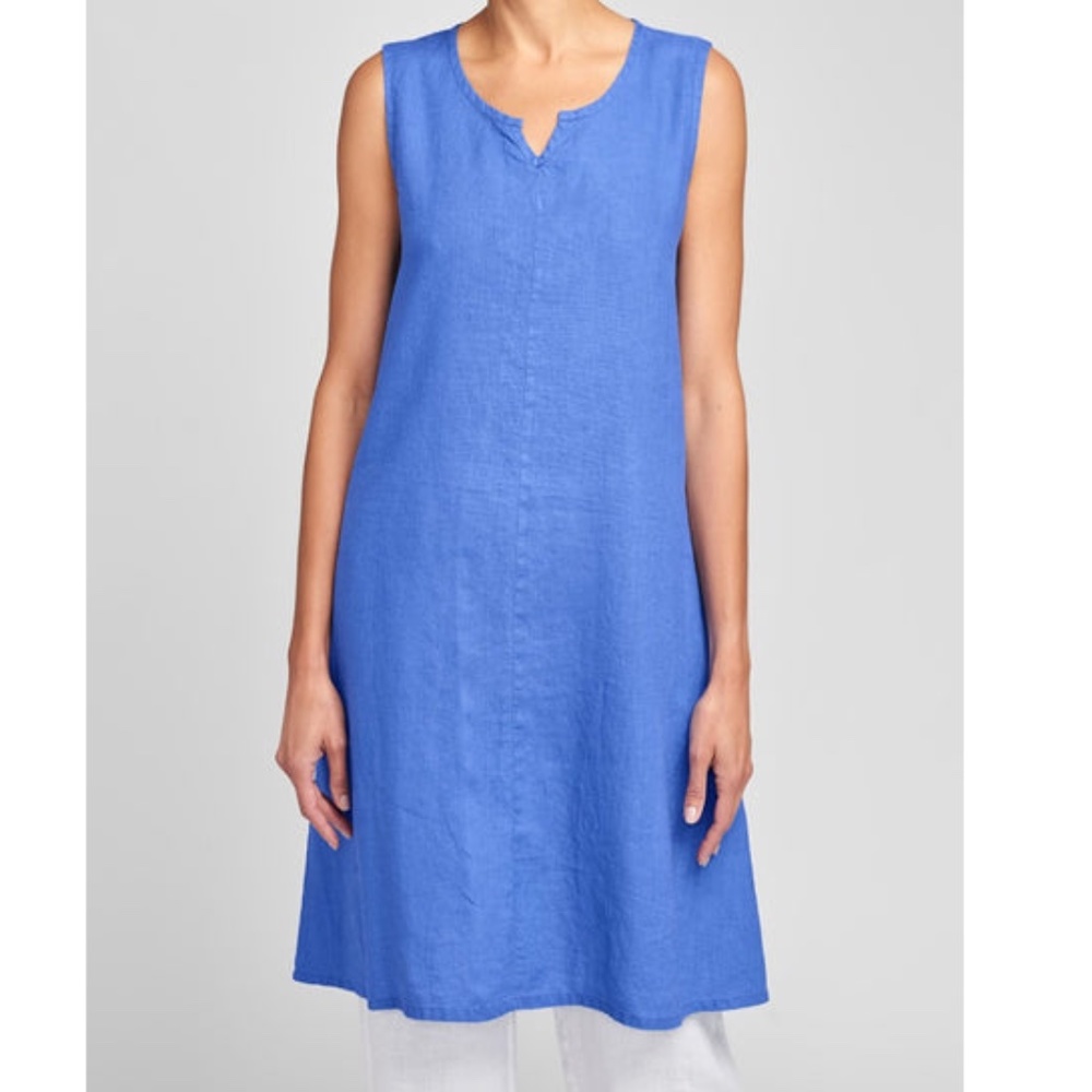 FLAX Blue Linen Casual Summer Sleeveless Shift Dress W/ Front Pocket